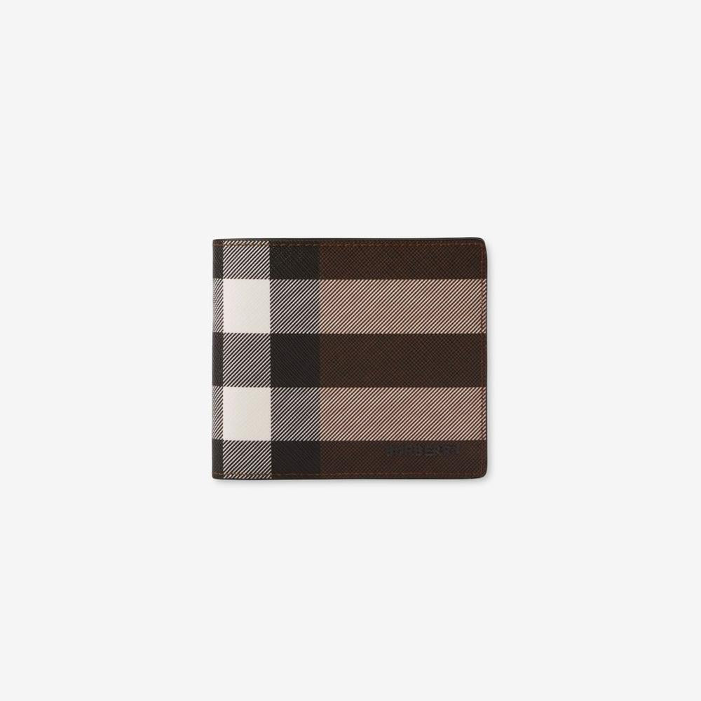 محفظة BURBERRY للرجال من الجلد والشيكات ثنائية الطي للنقود المعدنية باللون البني الداكن 80528021