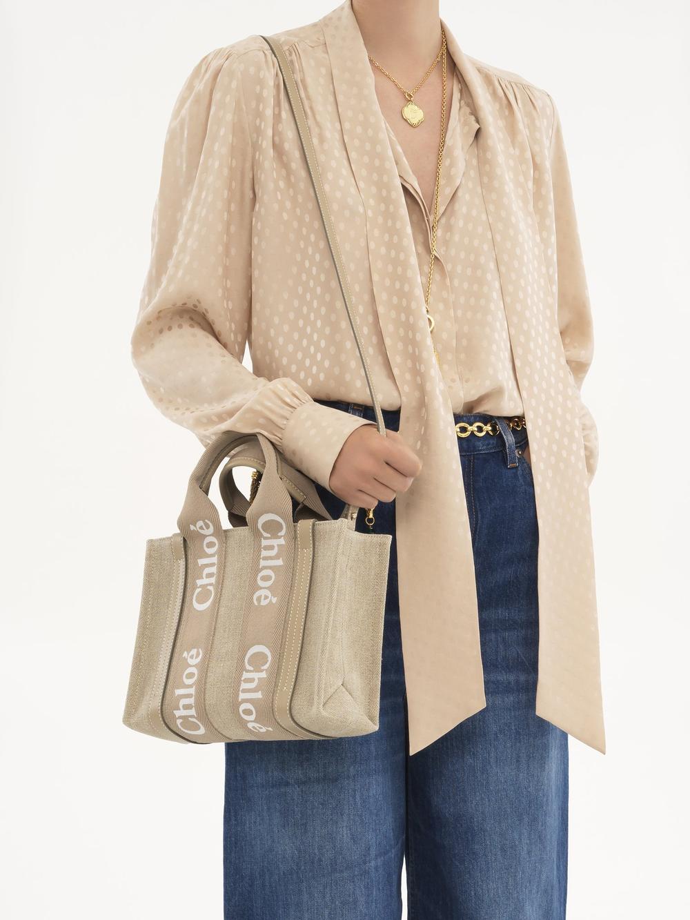 CHLOE Women Small Woody tote bag in linen canvas Boyish Brown CHC23AS397L1720E