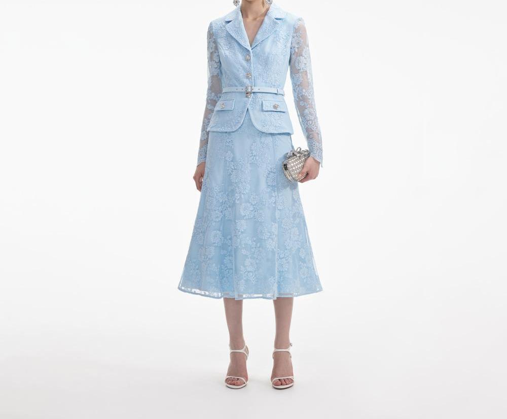 فستان نسائي متوسط الطول من SELF PORTRAIT مصنوع من الدانتيل باللون الأزرق SP015