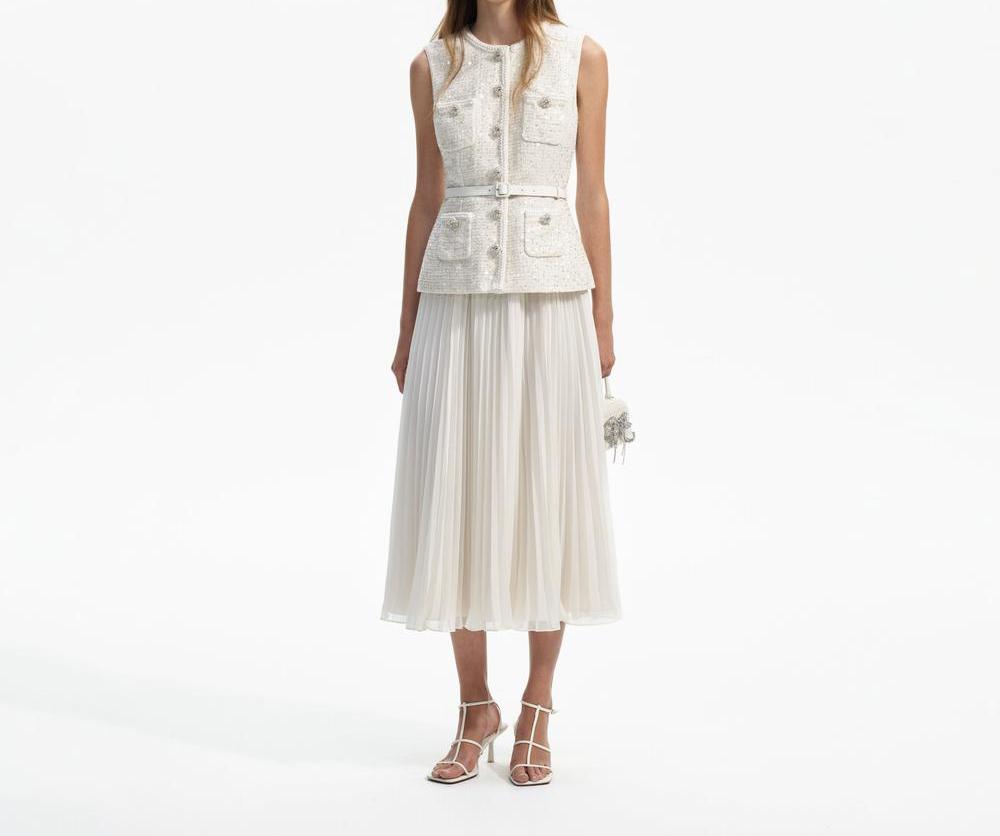 فستان نسائي متوسط الطول من SELF PORTRAIT، كريمي اللون، مزين بالترتر، SP017