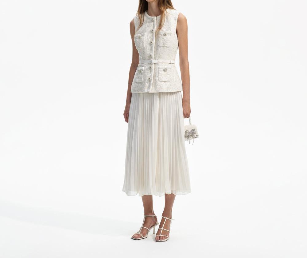 فستان نسائي متوسط الطول من SELF PORTRAIT، كريمي اللون، مزين بالترتر، SP017