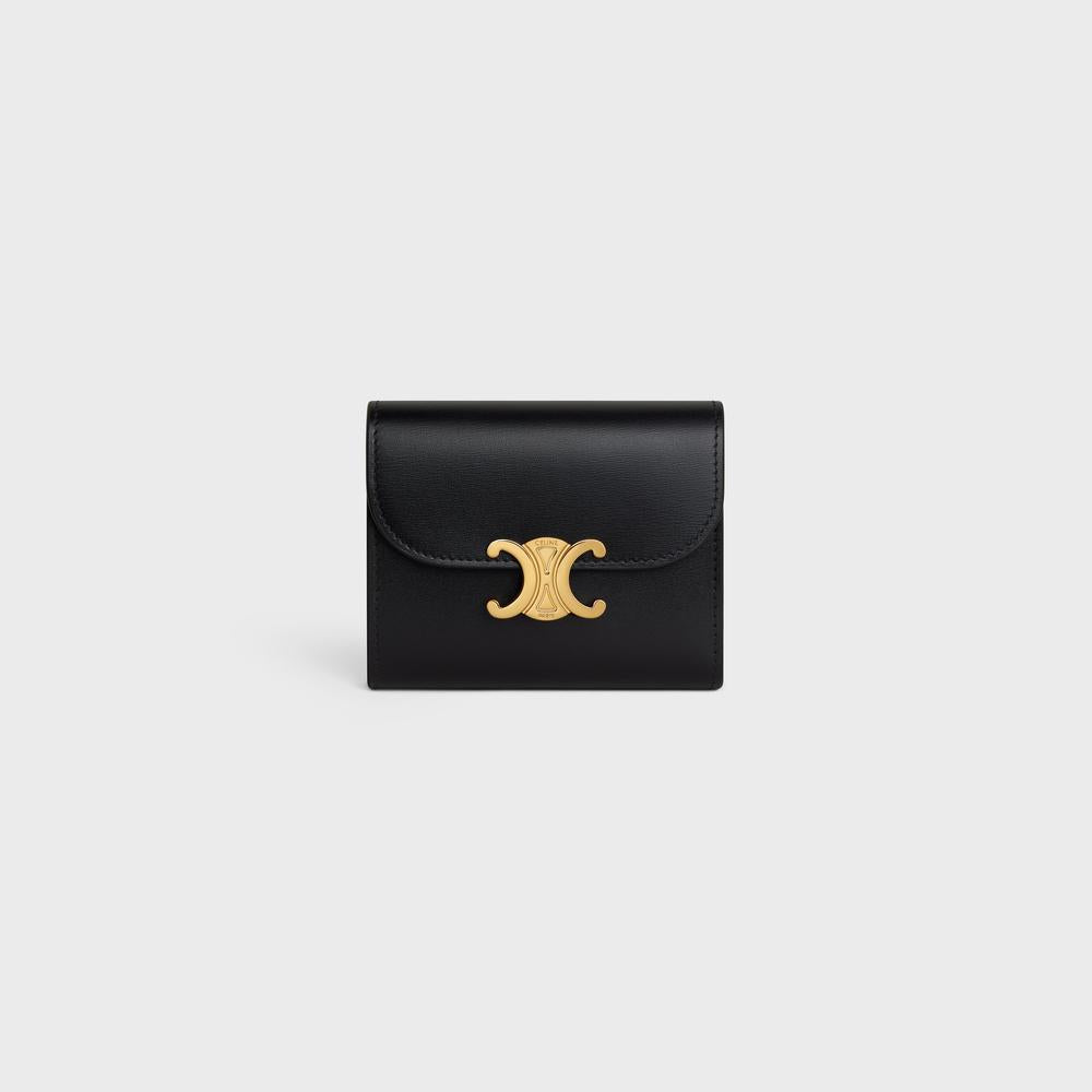 CELINE Women Small Flap Wallet TRIOMPHE in Shiny calfskin BLACK 10D783DPV.38NO