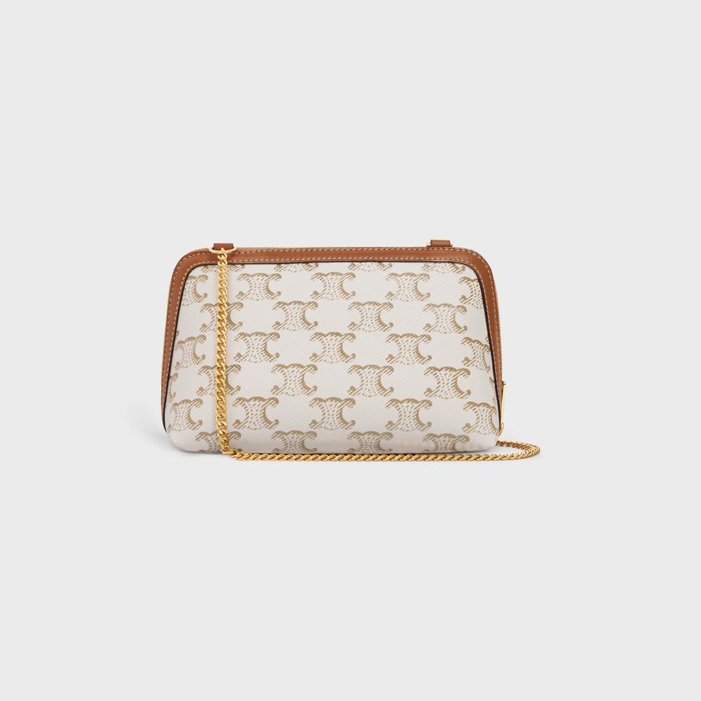 CELINE Women Clutch with Chain in Triomphe canvas and Lambskin WHITE/TAN 10E382CBX.01TA