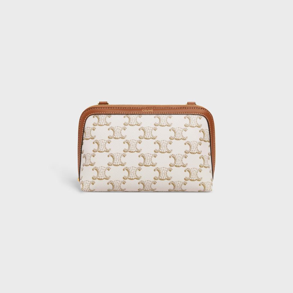 CELINE Women Clutch with Chain in Triomphe canvas and Lambskin WHITE/TAN 10E382CBX.01TA