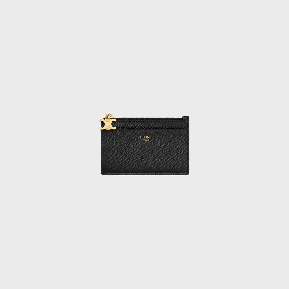 CELINE Women ZIPPED CARD HOLDER TRIOMPHE CHARMS in GRAINED CALFSKIN BLACK 10M083FVO.38NO