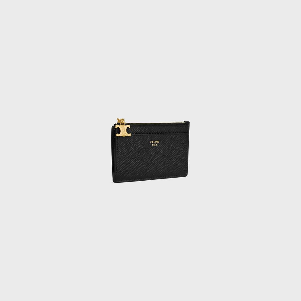 CELINE Women ZIPPED CARD HOLDER TRIOMPHE CHARMS in GRAINED CALFSKIN BLACK 10M083FVO.38NO