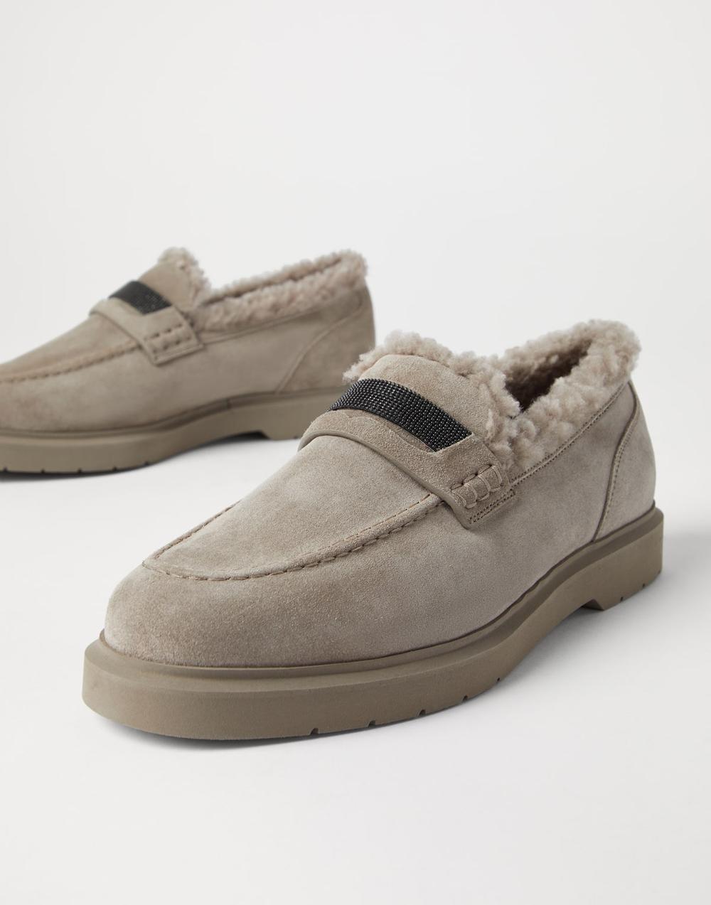 BRUNELLO CUCINELLI Women Suede penny loafers with shearling lining and precious insert Light Grey 242MZSFG2569C5859