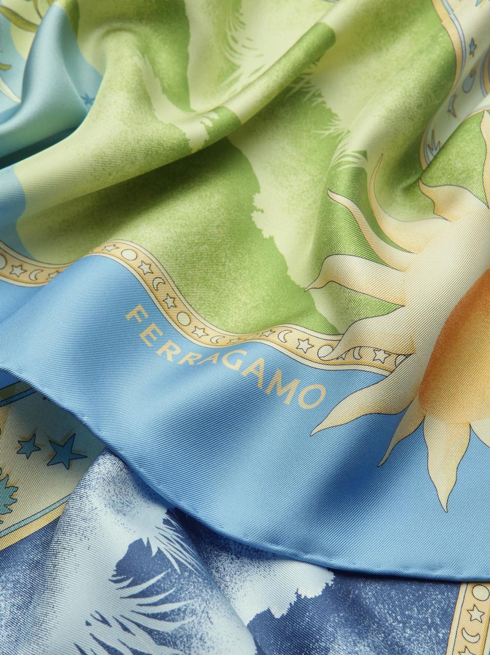 FERRAGAMO Women Day & Night printed silk scarf Sky Blue/Lime 310184 775496