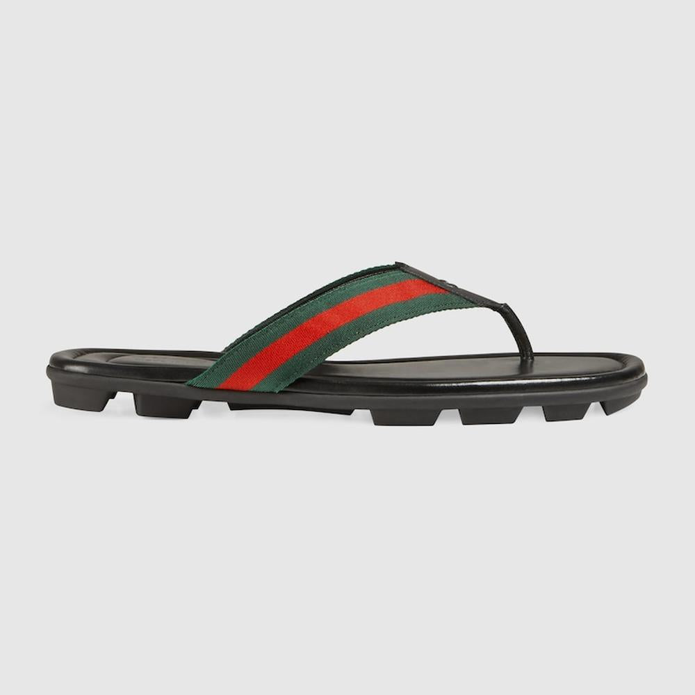 GUCCI Men thong sandal with Web Green and red black leather 429362 H91A0 8480