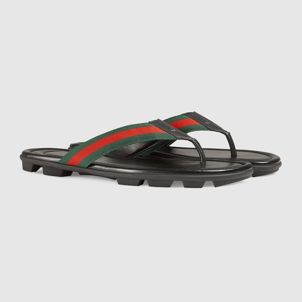 GUCCI Men thong sandal with Web Green and red black leather 429362 H91A0 8480