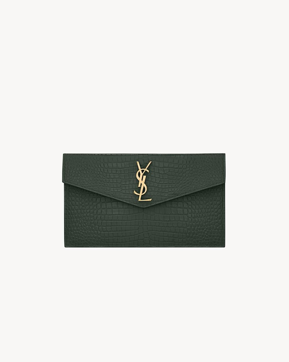 SAINT LAURENT Women uptown pouch in crocodile-embossed shiny leather MINT 565739DND0J3144