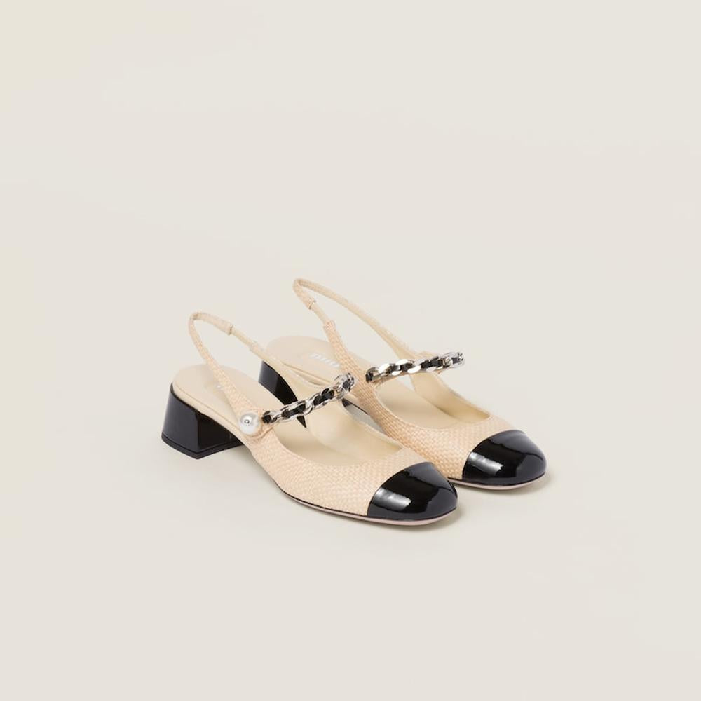 MIU Women Patent leather and raffia slingback pumps Tan/Black 5I045E_3LOP_F0I55_F_035