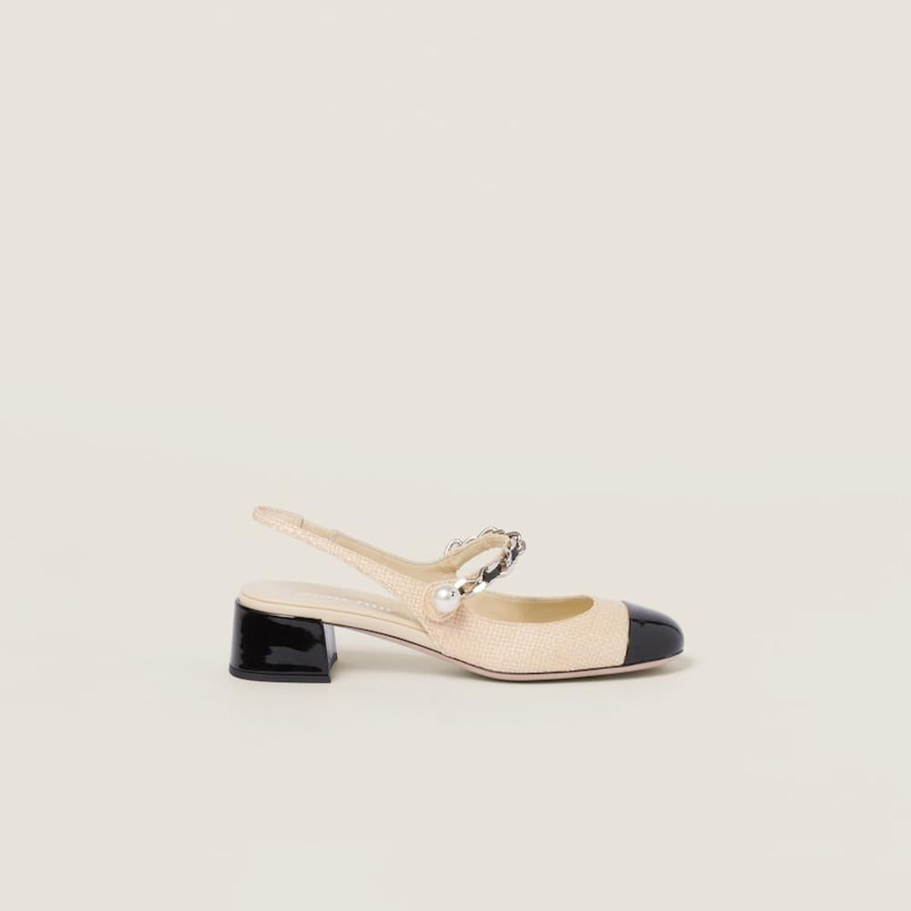 MIU Women Patent leather and raffia slingback pumps Tan/Black 5I045E_3LOP_F0I55_F_035