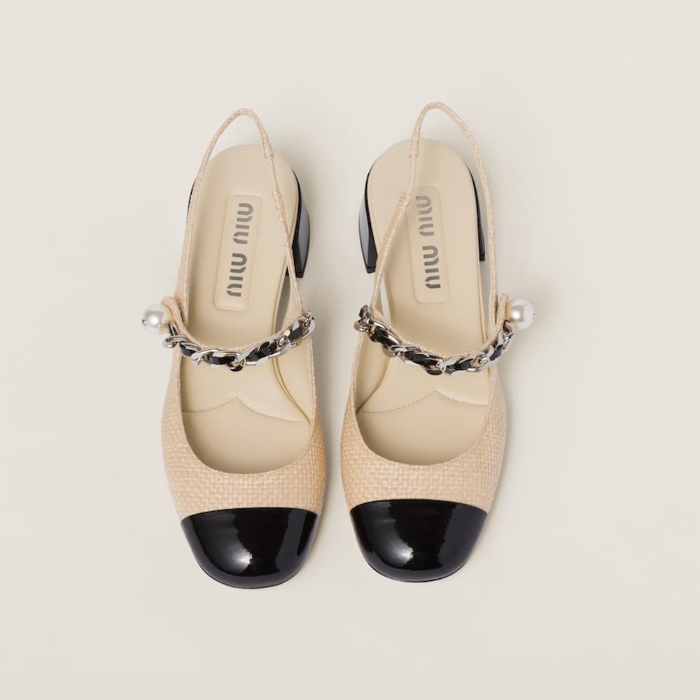 MIU Women Patent leather and raffia slingback pumps Tan/Black 5I045E_3LOP_F0I55_F_035