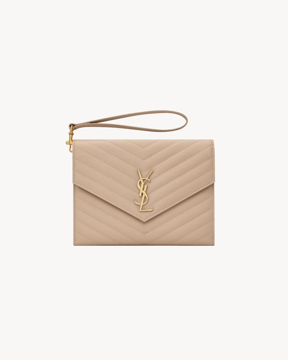 SAINT LAURENT Women cassandre matelassé flap pouch in grain de poudre leather DARK BEIGE 617662BOW012721