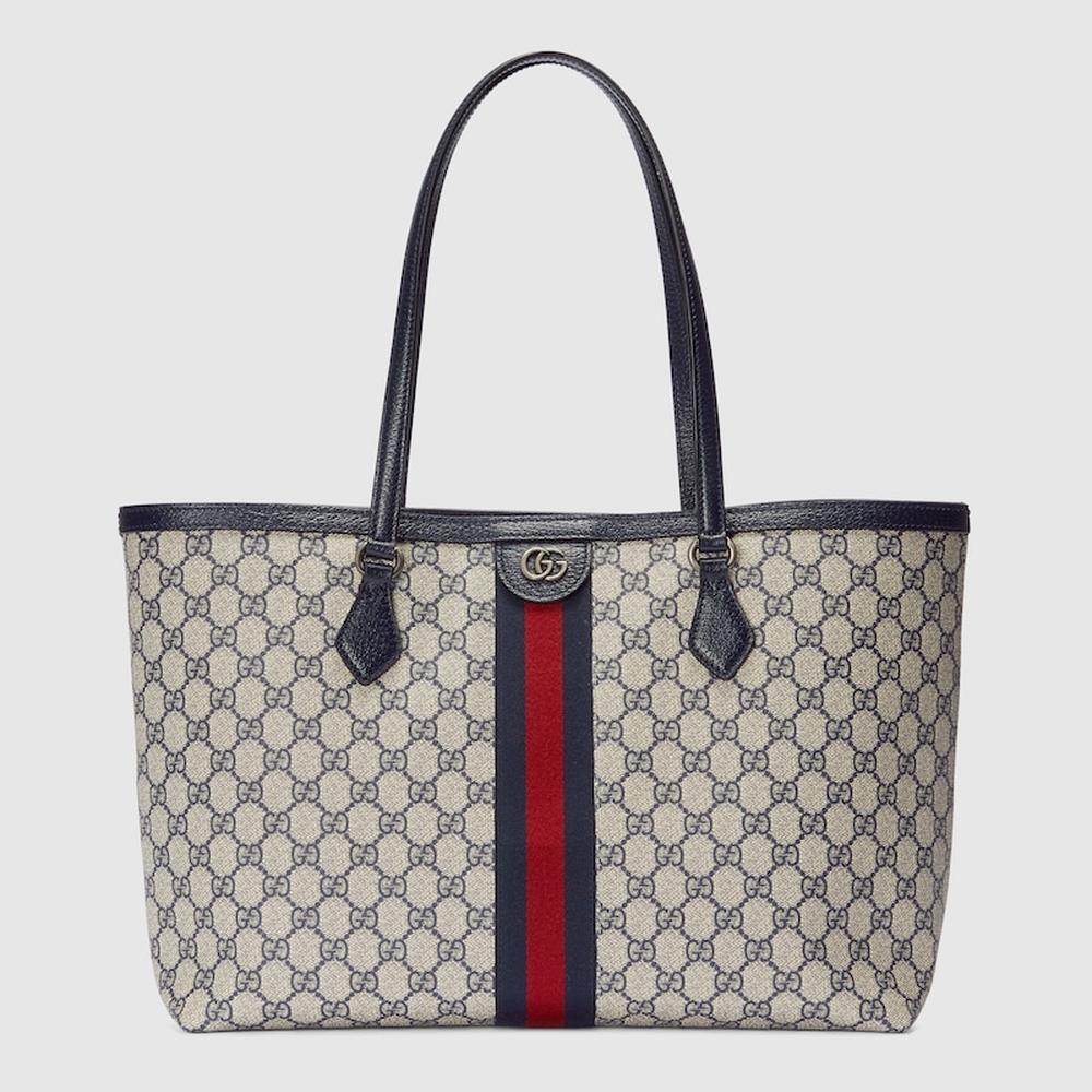 حقيبة يد نسائية متوسطة الحجم من GUCCI Ophidia باللونين البيج والأزرق من قماش GG Supreme 631685 96IWN 4076