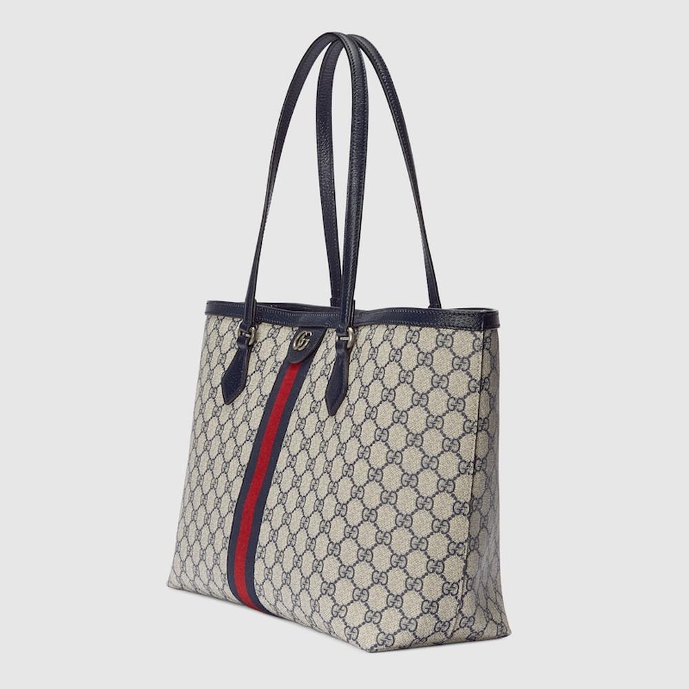 حقيبة يد نسائية متوسطة الحجم من GUCCI Ophidia باللونين البيج والأزرق من قماش GG Supreme 631685 96IWN 4076