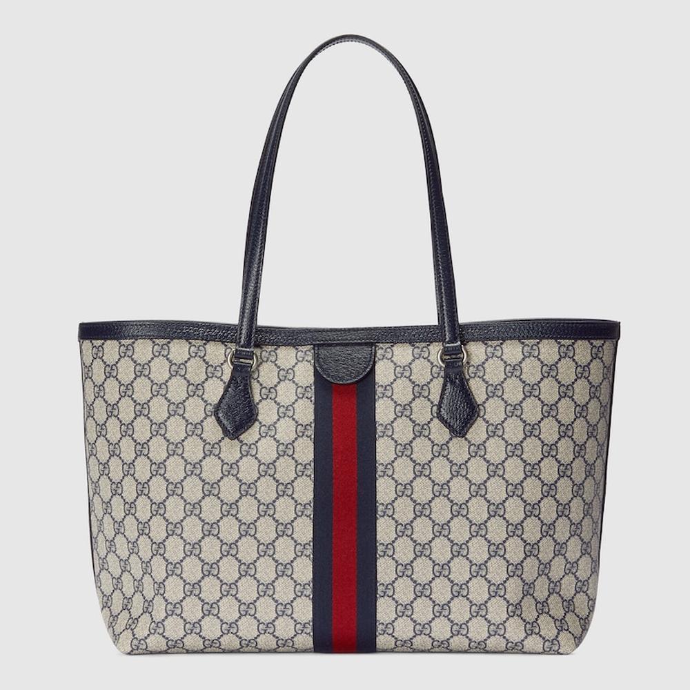 حقيبة يد نسائية متوسطة الحجم من GUCCI Ophidia باللونين البيج والأزرق من قماش GG Supreme 631685 96IWN 4076