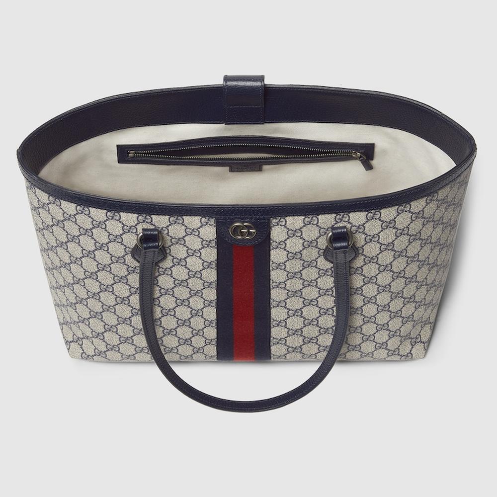 حقيبة يد نسائية متوسطة الحجم من GUCCI Ophidia باللونين البيج والأزرق من قماش GG Supreme 631685 96IWN 4076