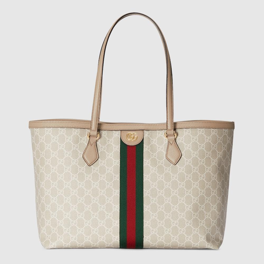 حقيبة يد نسائية متوسطة الحجم من GUCCI Ophidia باللونين البيج والأبيض من قماش GG Supreme 631685 UULAG 9682