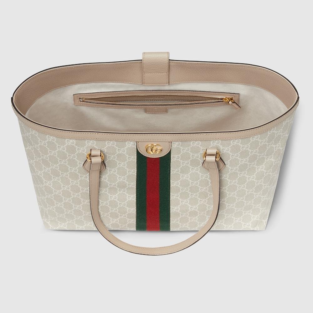 حقيبة يد نسائية متوسطة الحجم من GUCCI Ophidia باللونين البيج والأبيض من قماش GG Supreme 631685 UULAG 9682