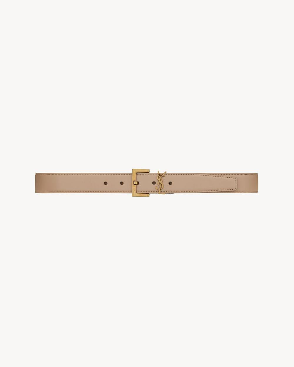 SAINT LAURENT Women cassandre belt with square buckle in shiny box saint laurent leather DARK BEIGE 634437BOO0W2721