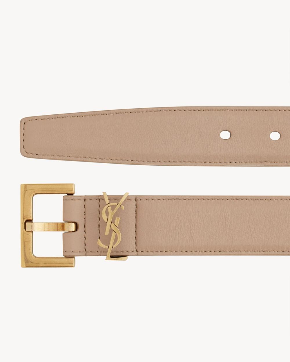 SAINT LAURENT Women cassandre belt with square buckle in shiny box saint laurent leather DARK BEIGE 634437BOO0W2721