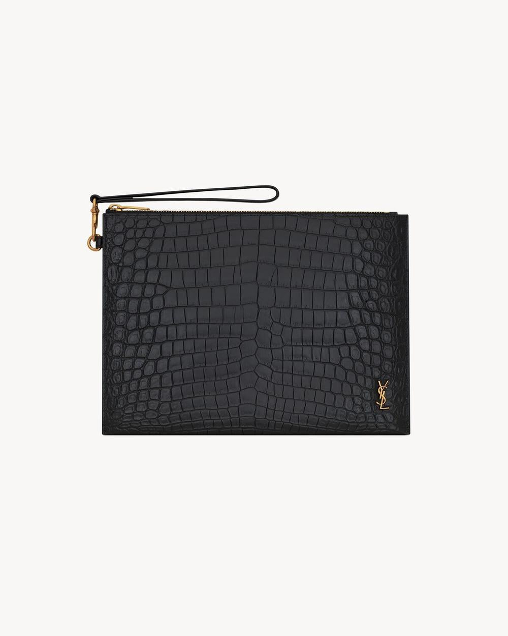 SAINT LAURENT Men tiny cassandre zip tablet holder in crocodile-embossed leather NOIR 683827DZE0W1000