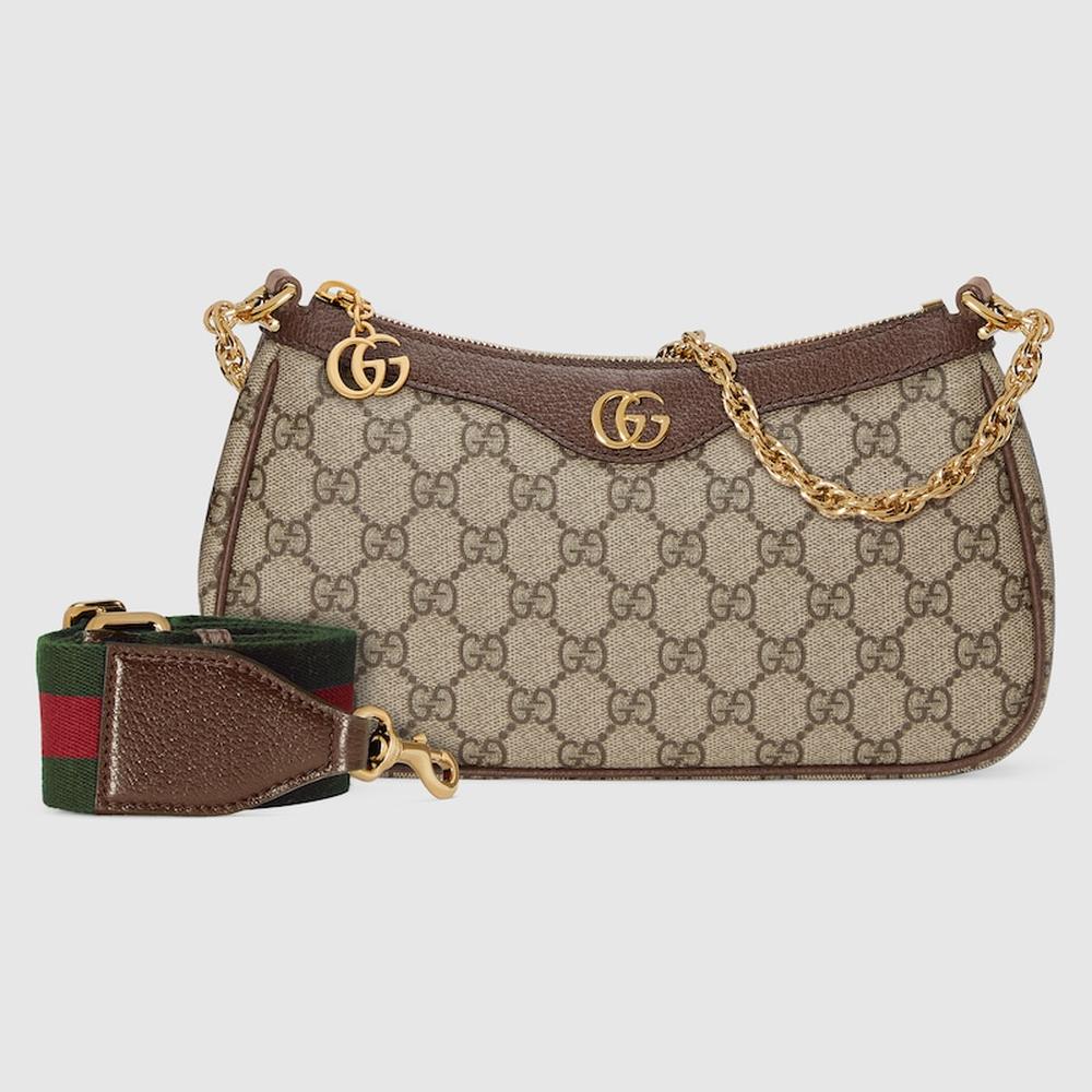 GUCCI Women Ophidia small shoulder bag Beige and dark brown GG Supreme canvas 735132 FABLE 9442