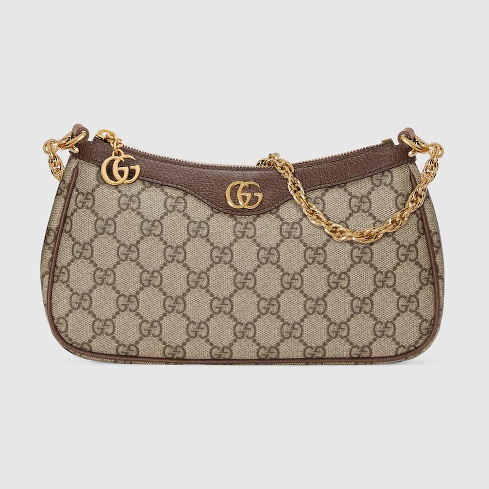 GUCCI Women Ophidia small shoulder bag Beige and dark brown GG Supreme canvas 735132 FABLE 9442