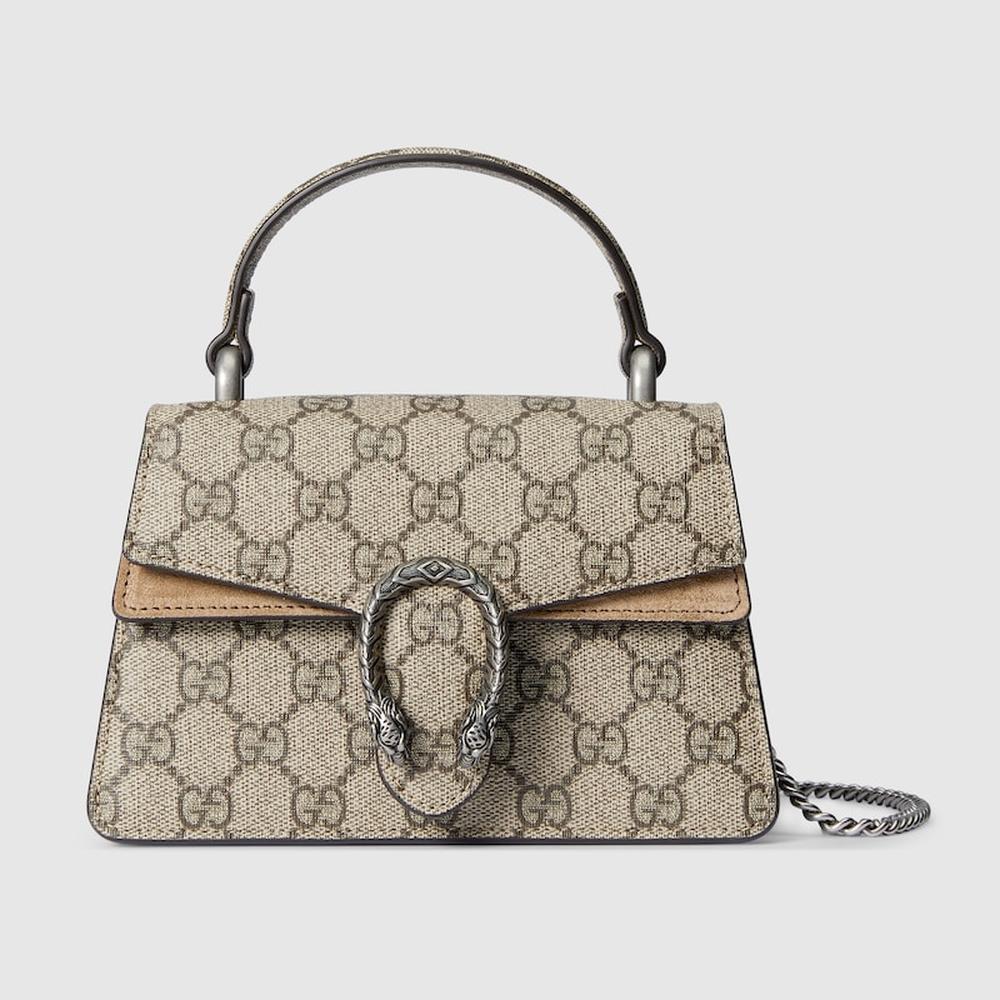 حقيبة GUCCI النسائية Dionysus mini ذات المقبض العلوي باللون البيج والأبنوس من قماش GG Supreme 752029 KHNRN 8642