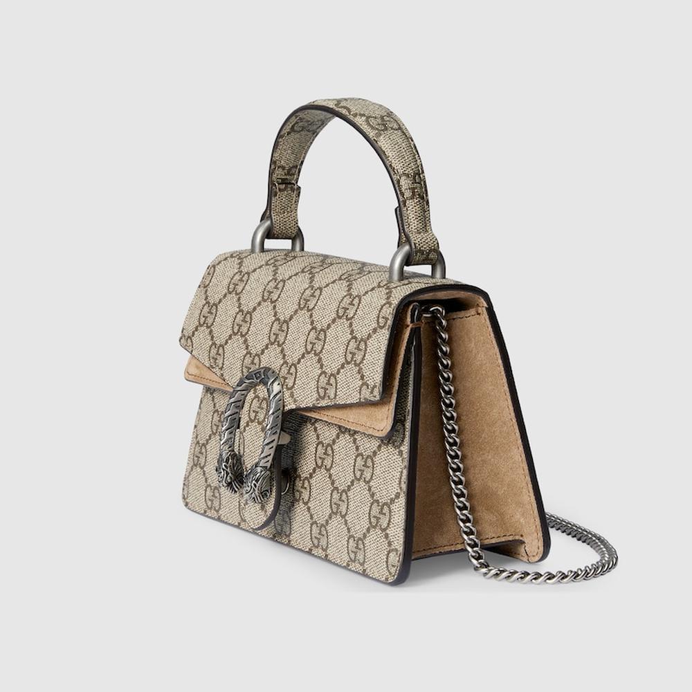 حقيبة GUCCI النسائية Dionysus mini ذات المقبض العلوي باللون البيج والأبنوس من قماش GG Supreme 752029 KHNRN 8642