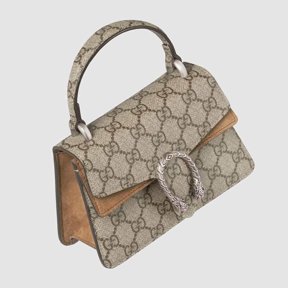 حقيبة GUCCI النسائية Dionysus mini ذات المقبض العلوي باللون البيج والأبنوس من قماش GG Supreme 752029 KHNRN 8642