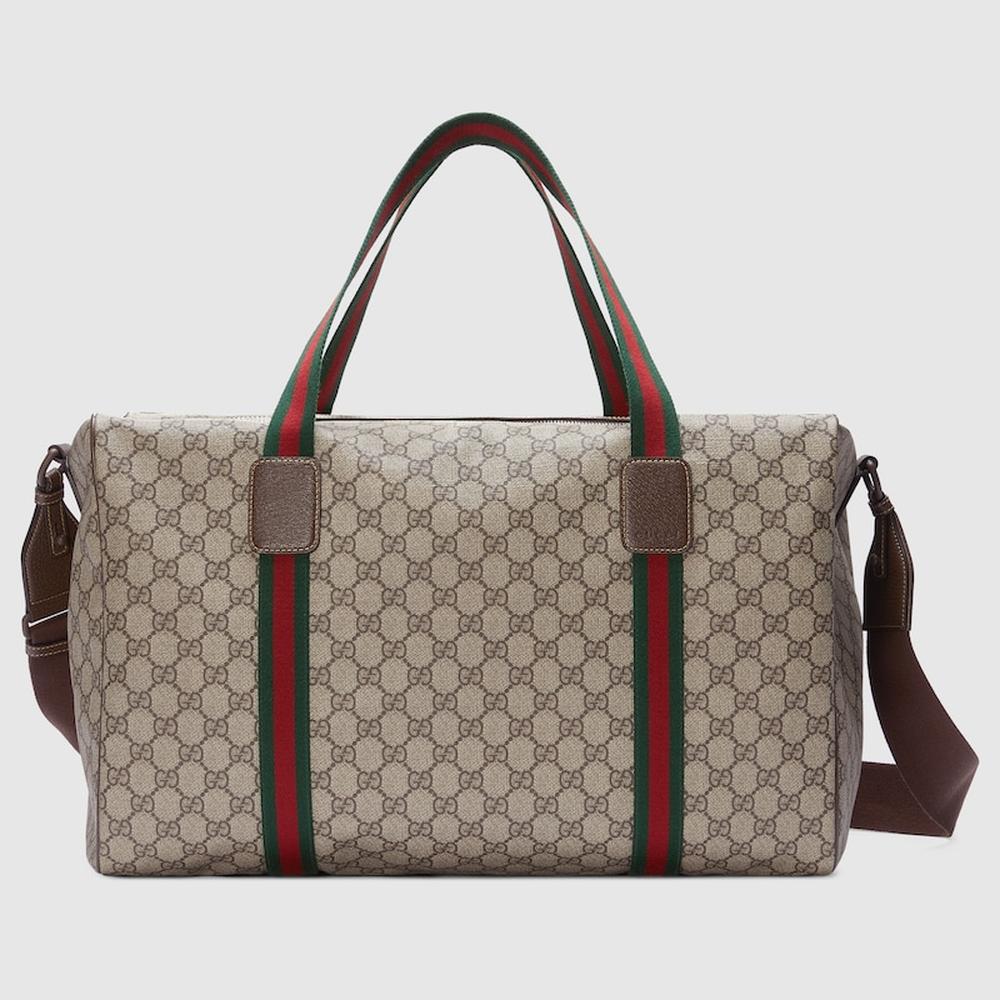 GUCCI Men Medium duffle bag with Web Beige and ebony Soft GG Supreme ‎758664 FACK7 9768