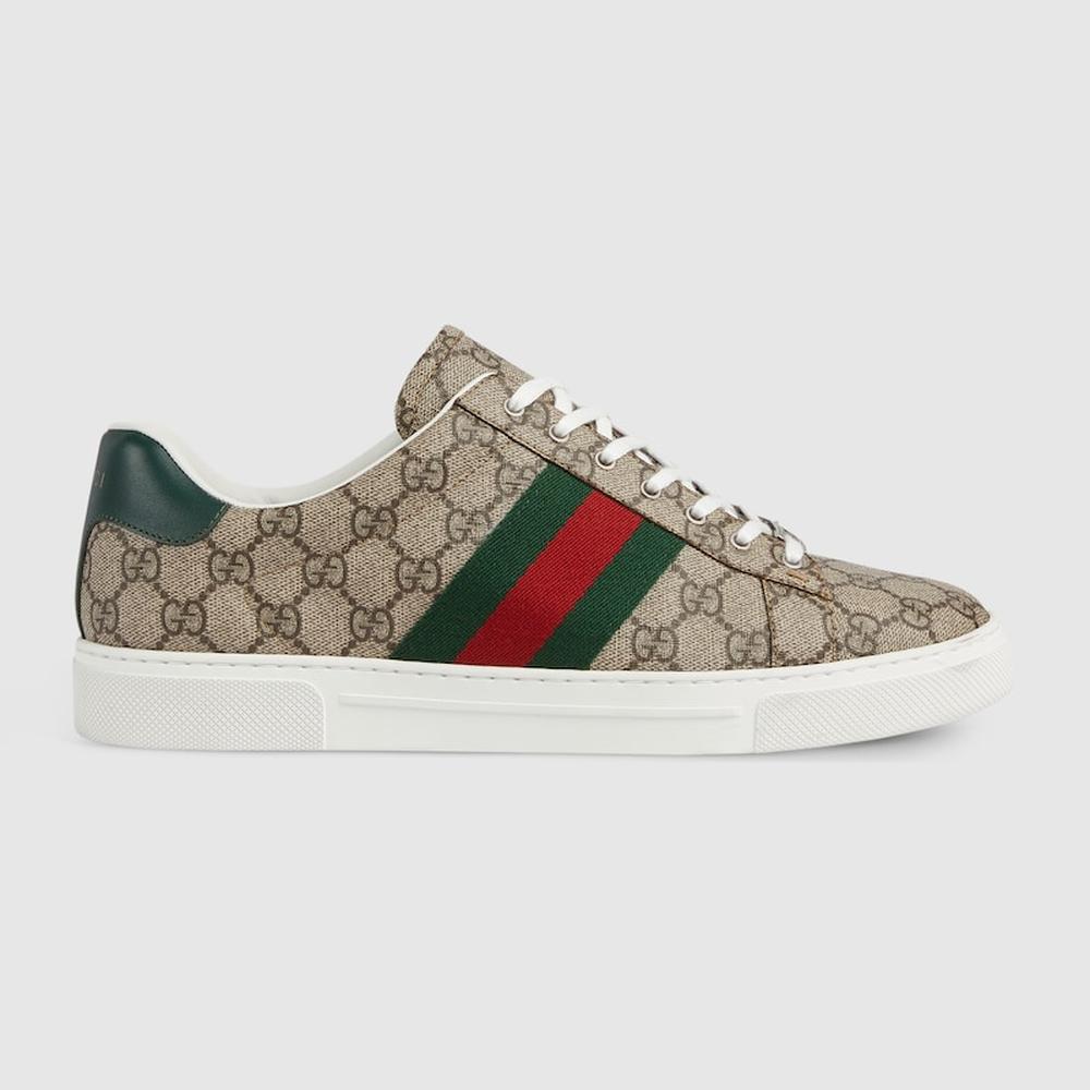 حذاء رياضي Gucci Ace للرجال من GUCCI مع شريط ويب باللون البيج والأبنوس GG Supreme 760775 FACMZ 9746