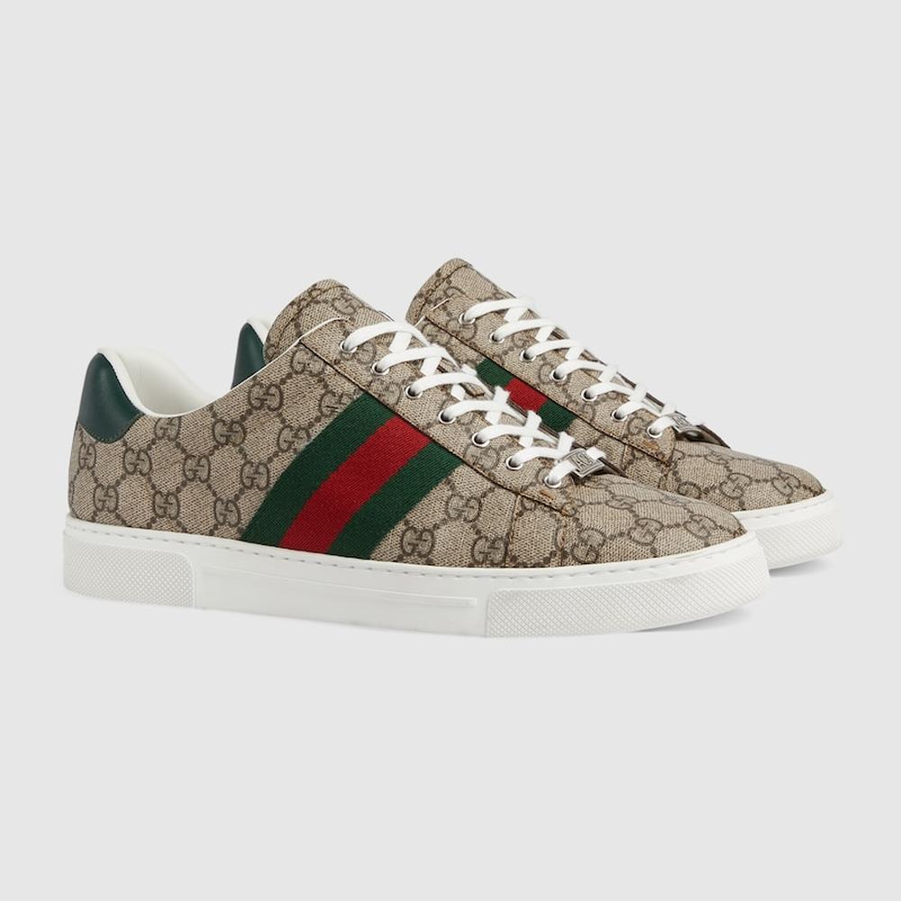 حذاء رياضي Gucci Ace للرجال من GUCCI مع شريط ويب باللون البيج والأبنوس GG Supreme 760775 FACMZ 9746