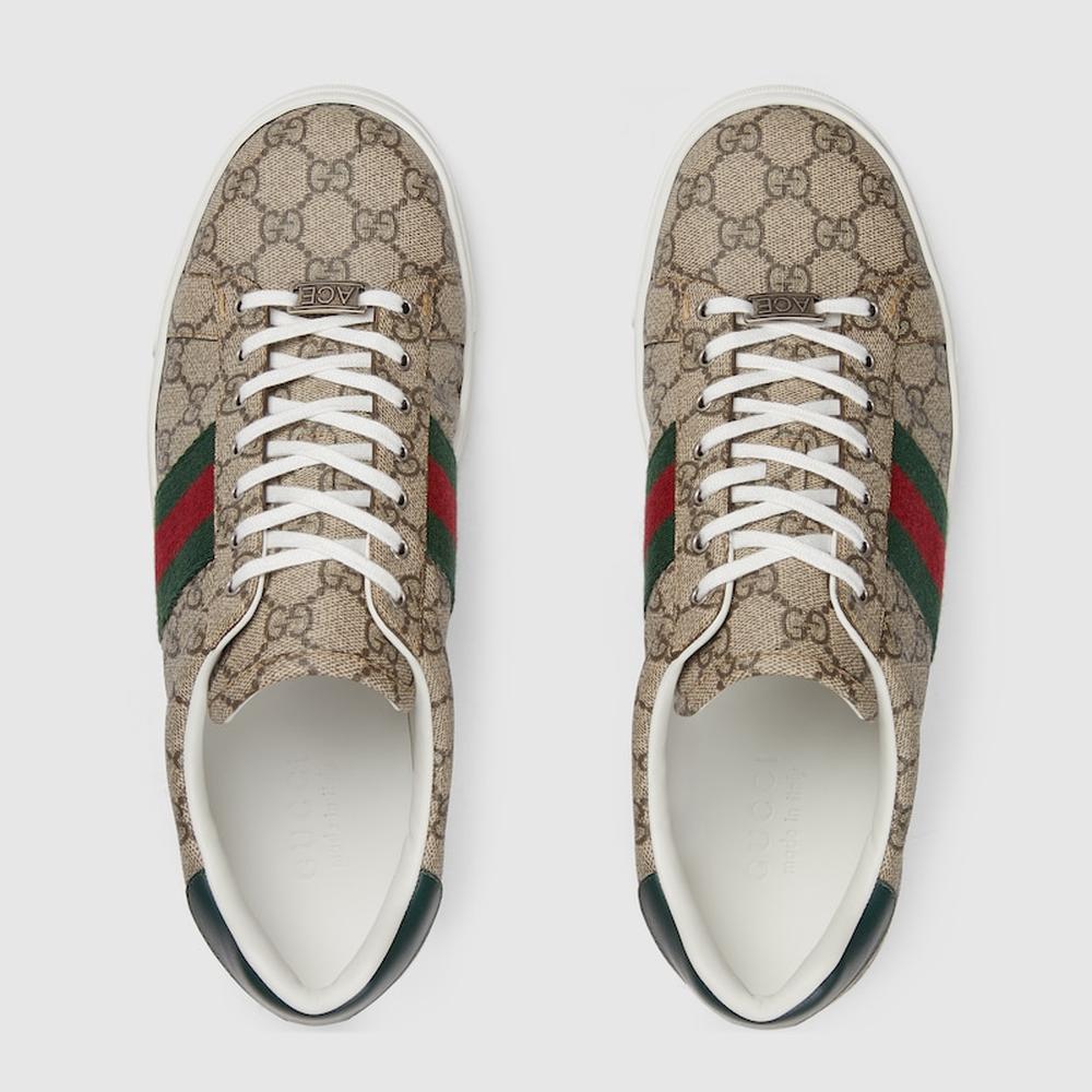 حذاء رياضي Gucci Ace للرجال من GUCCI مع شريط ويب باللون البيج والأبنوس GG Supreme 760775 FACMZ 9746