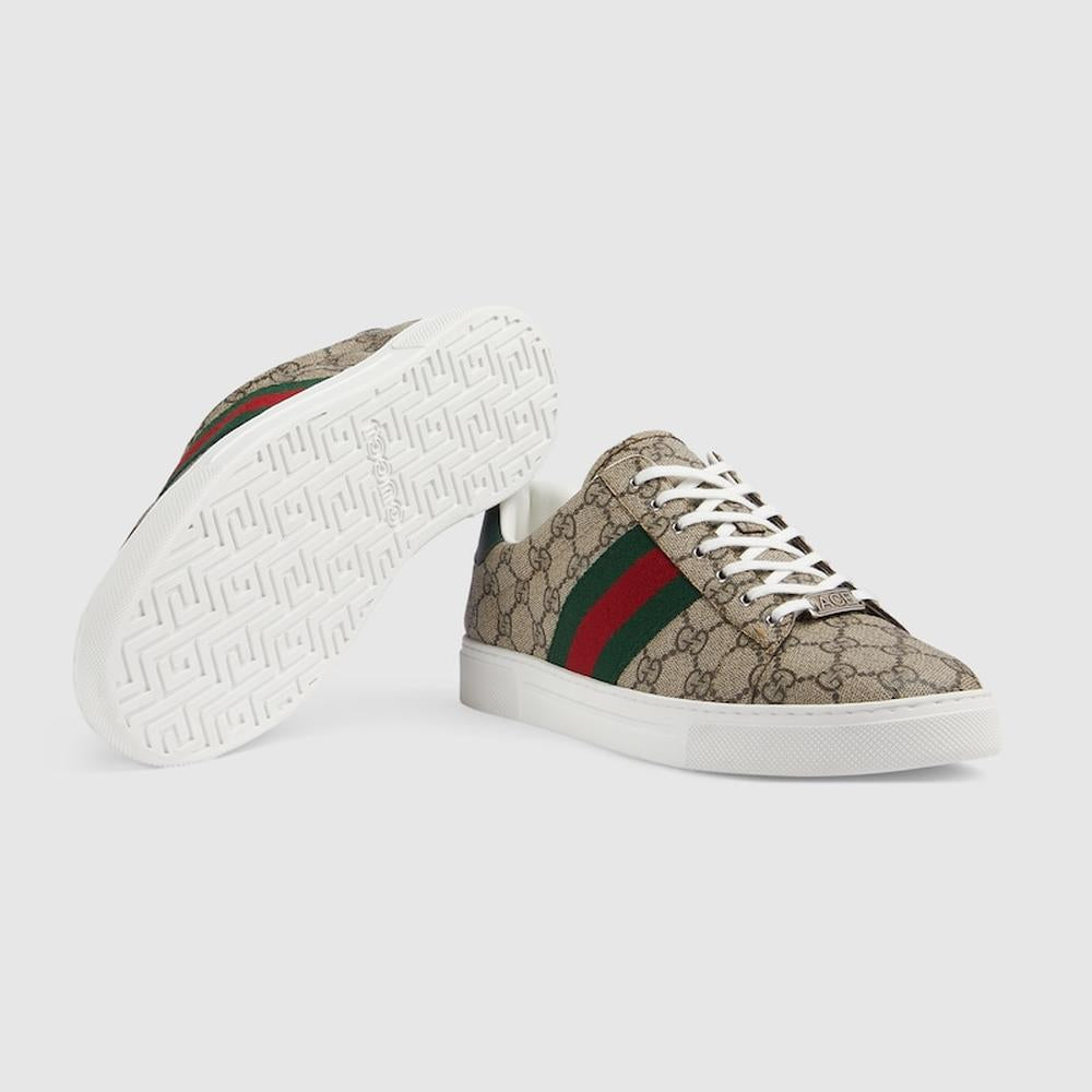 حذاء رياضي Gucci Ace للرجال من GUCCI مع شريط ويب باللون البيج والأبنوس GG Supreme 760775 FACMZ 9746