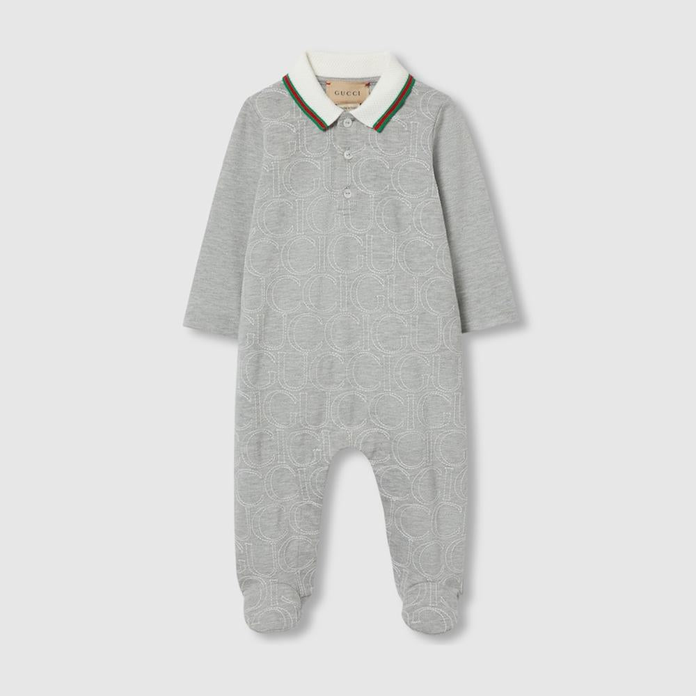 قميص أطفال من القطن بيكيه من GUCCI Kids، قطعة واحدة، رمادي فاتح 793379 XJGNE 1049