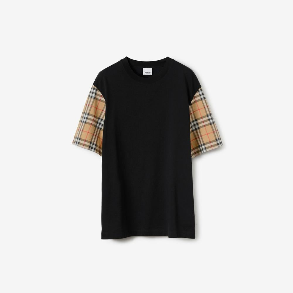 BURBERRY Women Check Sleeve Cotton T-shirt Black 80430571