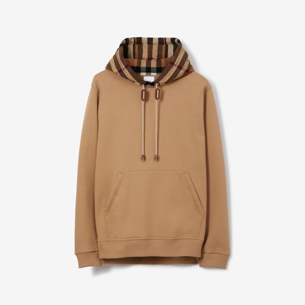 BURBERRY Men Check Trim Cotton Blend Hoodie Camel 80450061