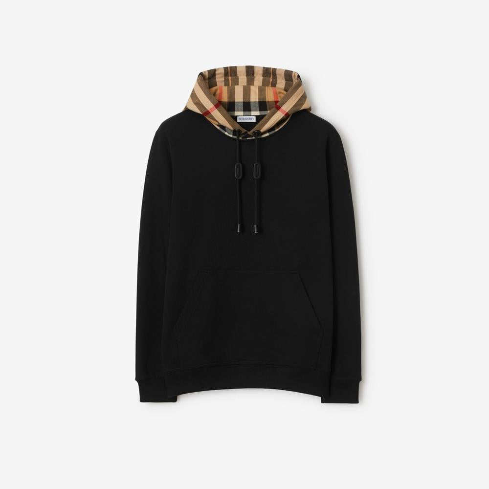 BURBERRY Men Check Hood Cotton Hoodie Black 80581171