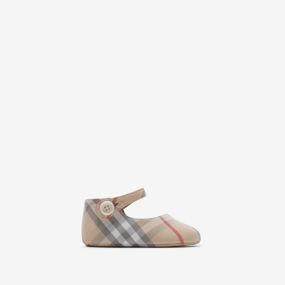 BURBERRY Kids Check Cotton Mary Jane Flats Pale stone 80904821