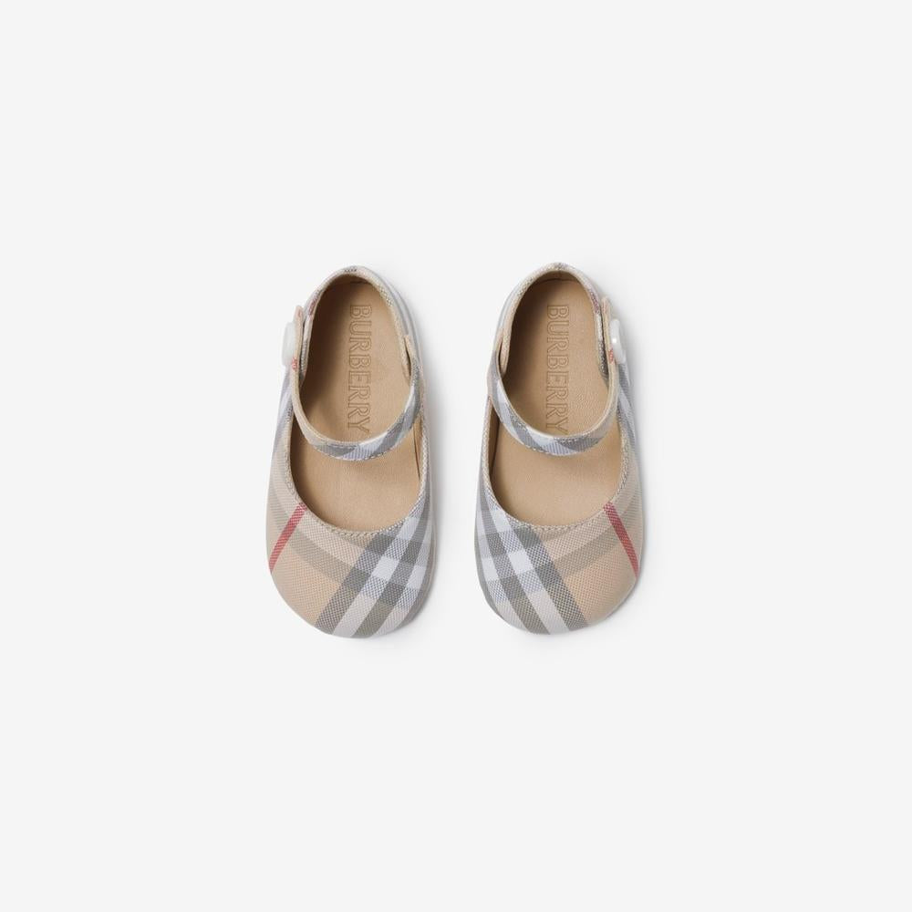 BURBERRY Kids Check Cotton Mary Jane Flats Pale stone 80904821