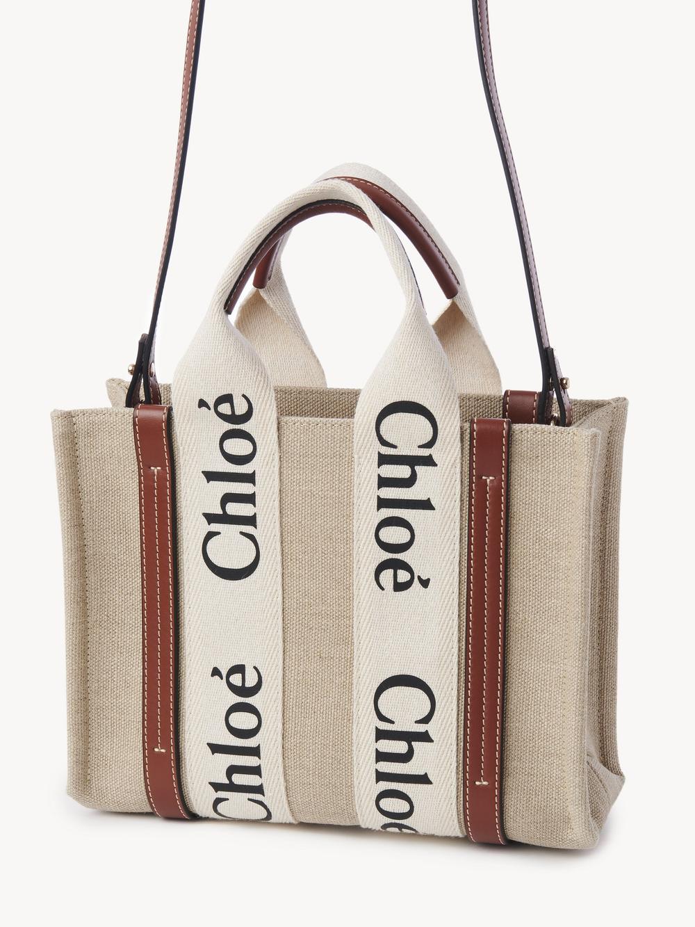 CHLOE Women Small Woody tote bag in linen canvas White & Brown CHC22AS397I2690U