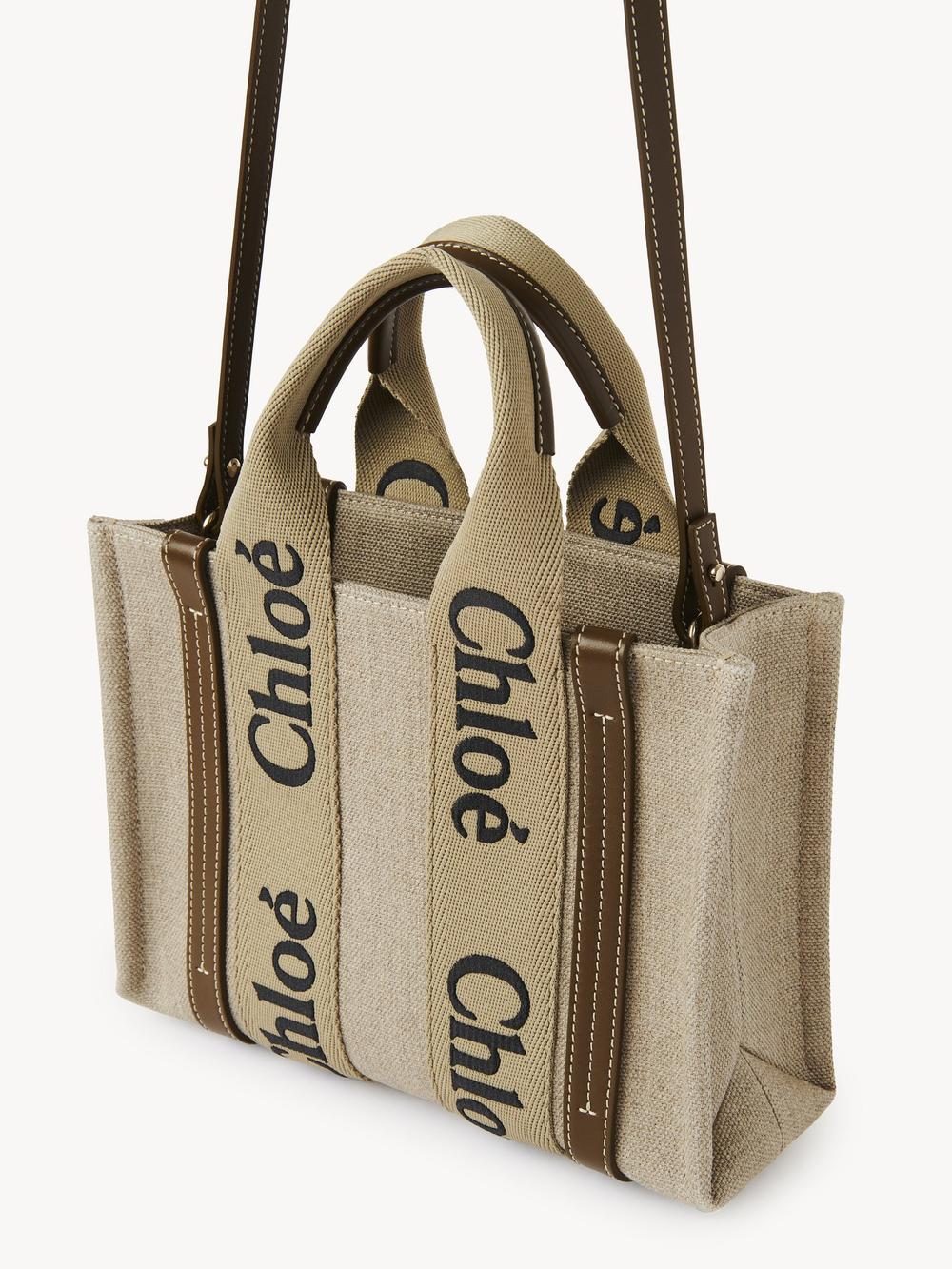 CHLOE Women Small Woody tote bag in linen canvas Bronze Brown CHC23AS397L1720X