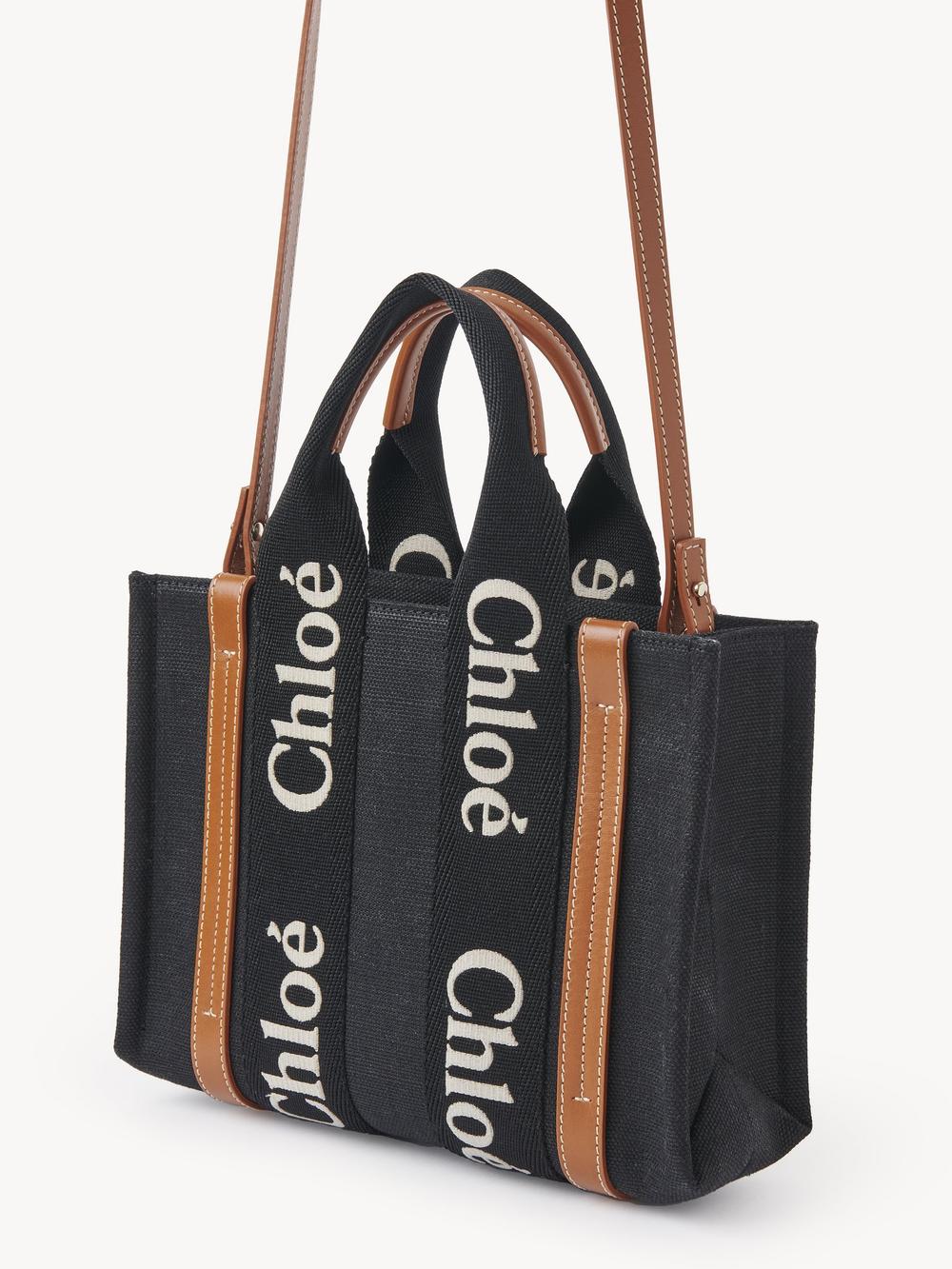 CHLOE Women Small Woody tote bag in linen canvas Black & Beige CHC23AS397L17915