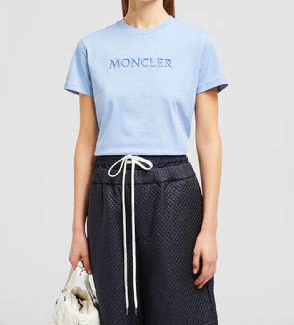 MONCLER Women Embroidered Tonal Logo Cotton T-Shirt Light Blue K10938C0000889AUO713