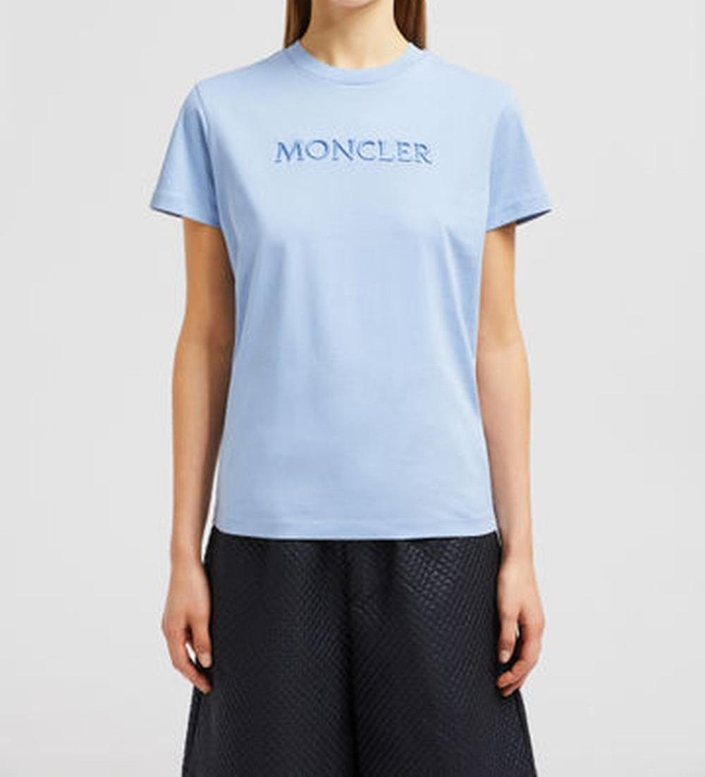 MONCLER Women Embroidered Tonal Logo Cotton T-Shirt Light Blue K10938C0000889AUO713