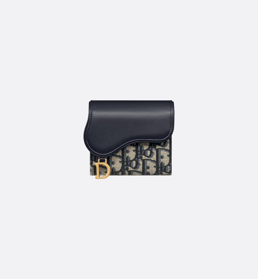 DIOR Women Lotus Saddle Wallet Toile jacquard Dior Oblique et cuir de veau lisse bleus S5652CNKO_M928